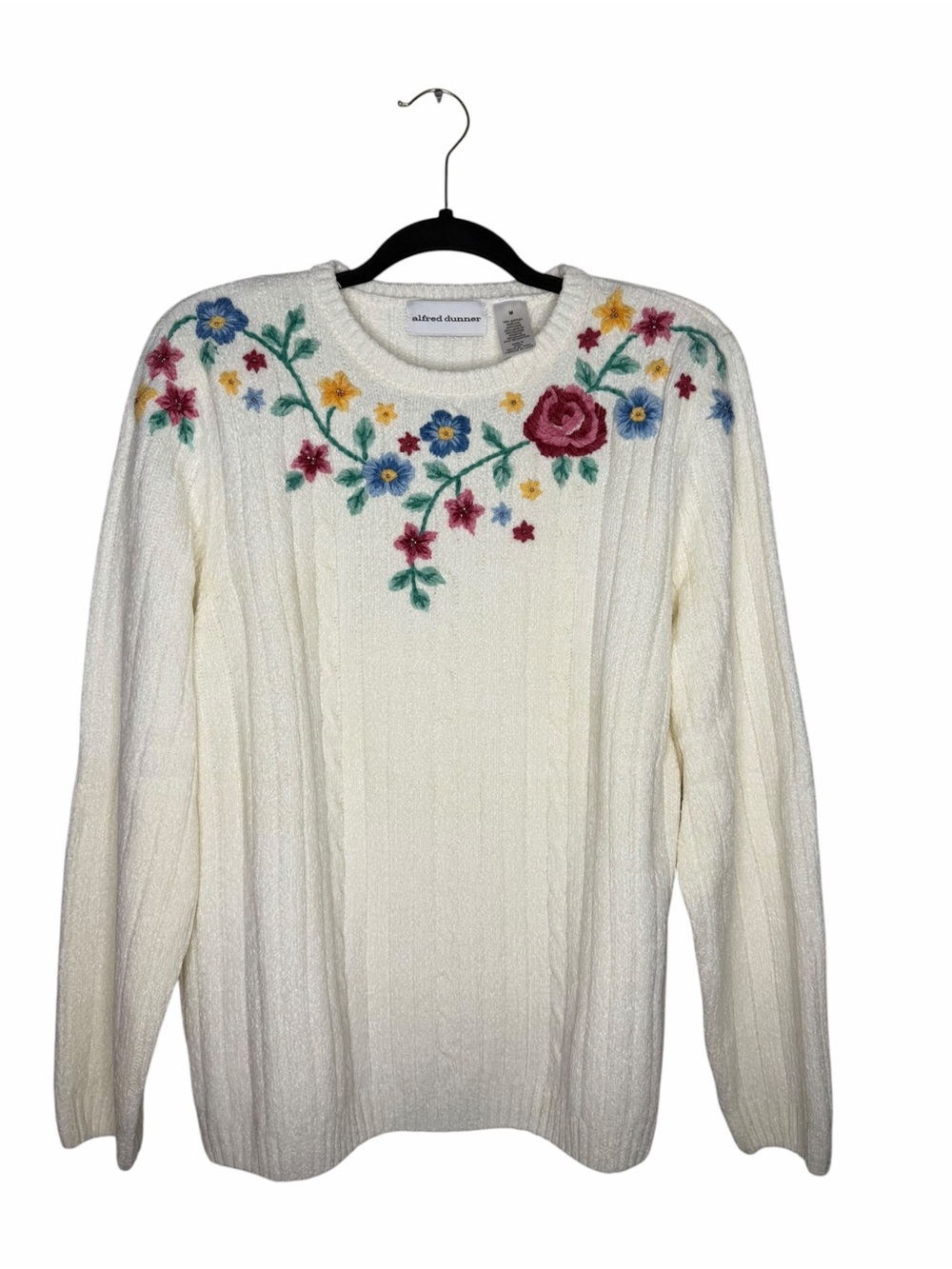 ALFRED DUNNER / vintage white red floral embroidered chenille sweater / M